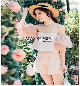 Lady Ribbon Pink Off-Shoulder Top and Shorts