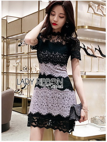 Lace Mini Dress มินิเดรสผ้าลูกไม้ตกแต่งลายทางสลับ