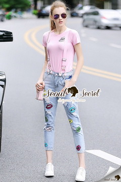 Lady Ribbon Online ขายส่งเสื้อผ้าออนไลน์ Seoul Secret SS07280716 Seoul Secret Say's .... Salmon Pink Bibby Denim Set
