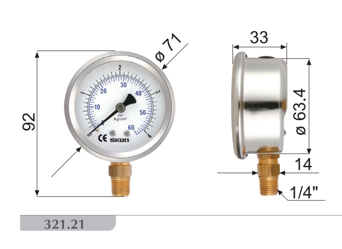 321-21-222** Pressure Gauge kgf-cm2/Psi เกจวัดแรงดัน หน้าปัด 2-1/2" เกลียวออกข้าง (SKON)
