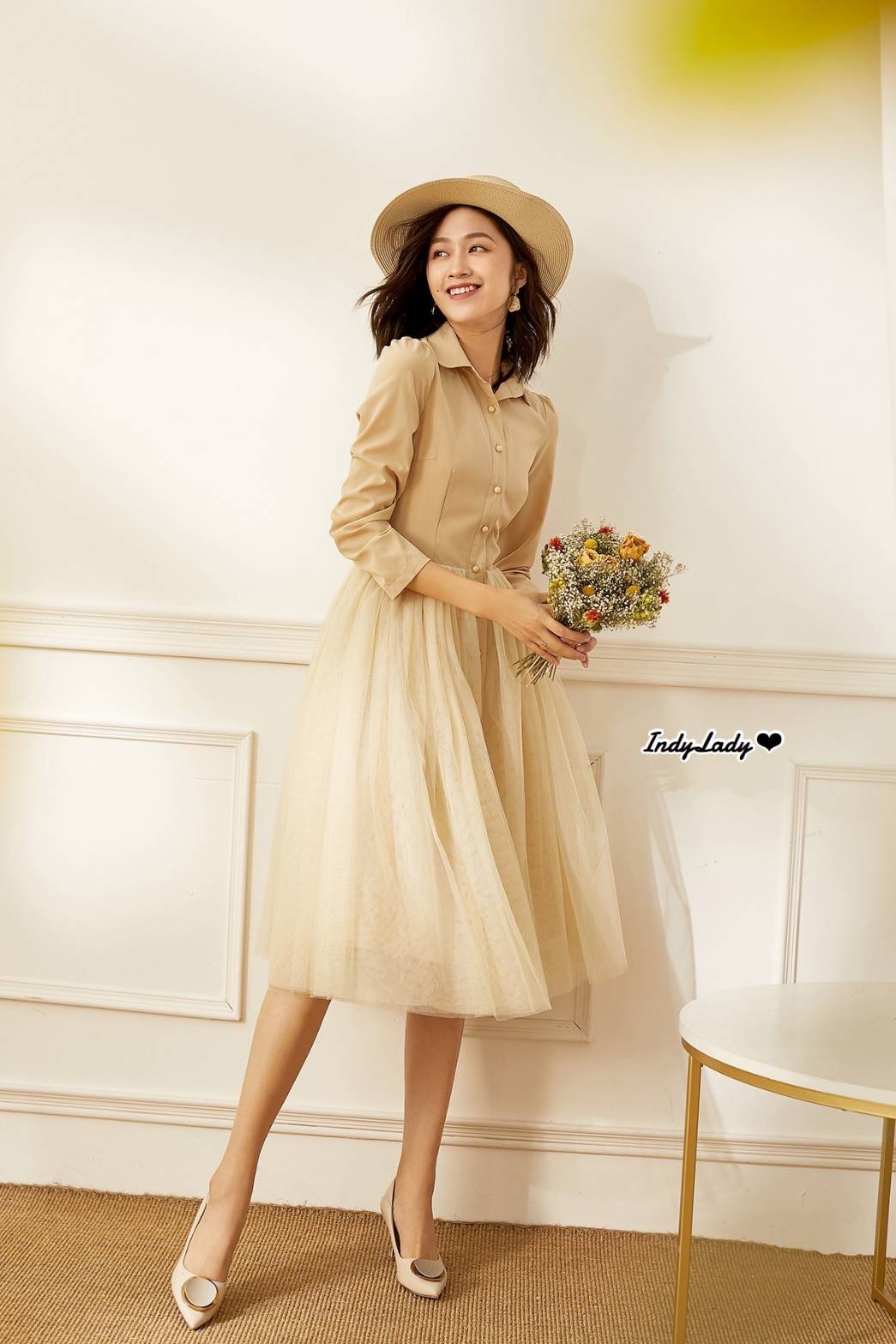 Dress แขนยาว คอปก แต่งกระดุมหน้ายาว