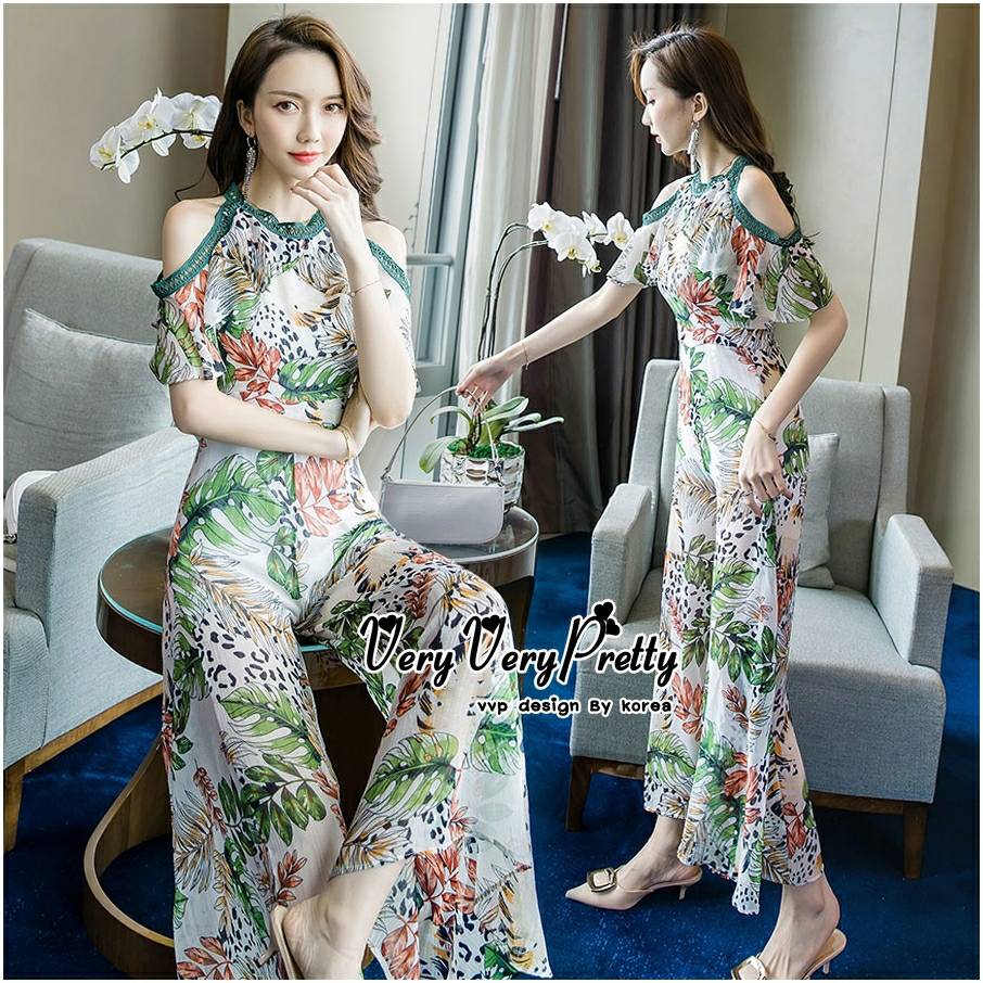 จั้มสูทแฟชั่นผ้าชีฟองพิมพ์ลายสวยสไตล์เกาหลี