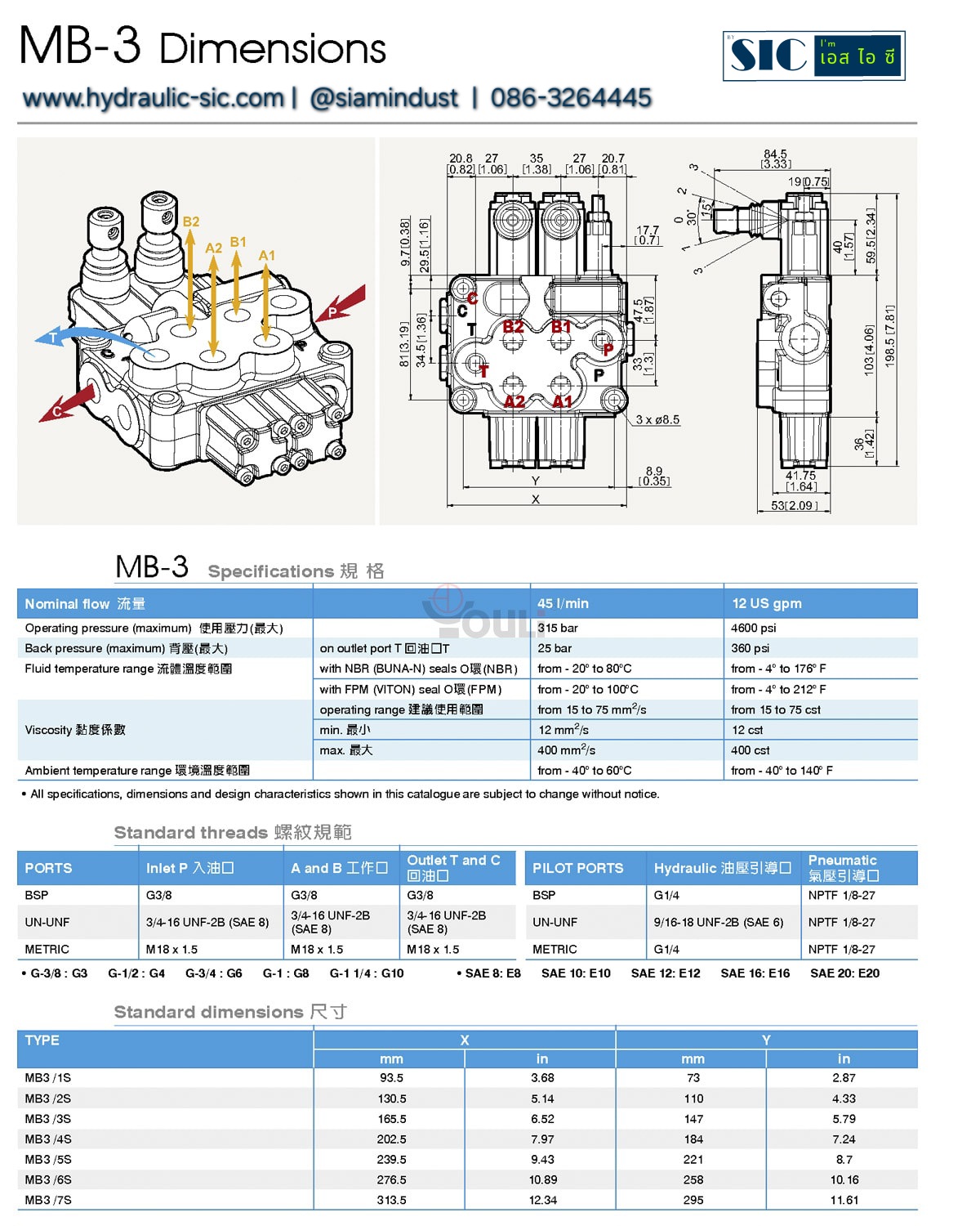 MB-3/2S-3/18L/G3-M3 (Hand Valve 45 l/min วาล์วมือโยก 2 แกน 3/8") (YOULI)