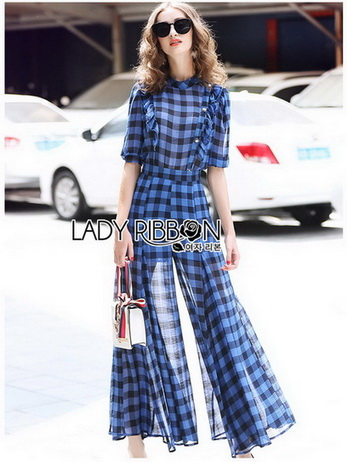 เสื้อตกแต่งระบายและกางเกงลายตารางสีน้ำเงิน-ดำ