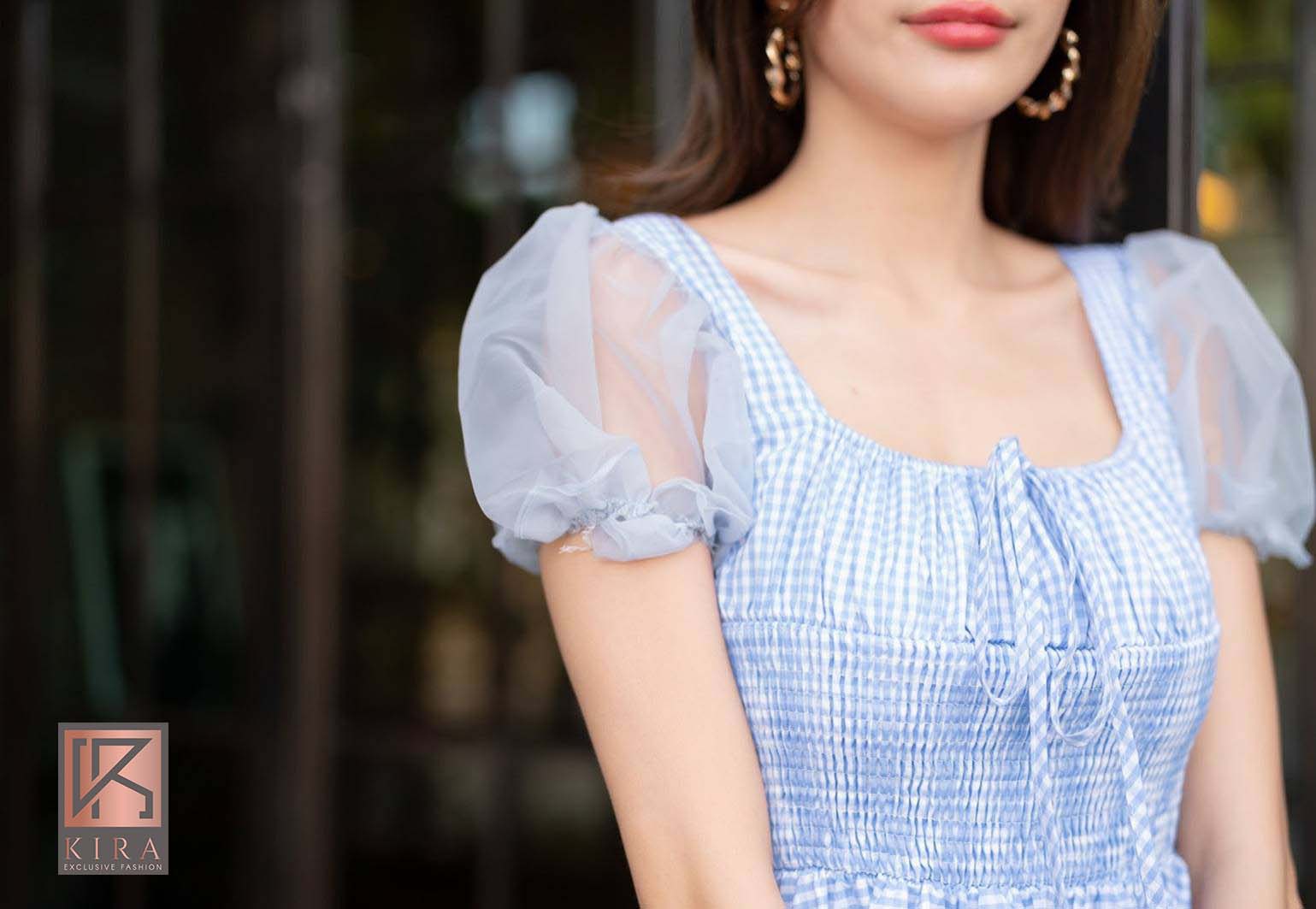 เดรสลายสก็อต แต่งเเขนทรงตุ๊กตา