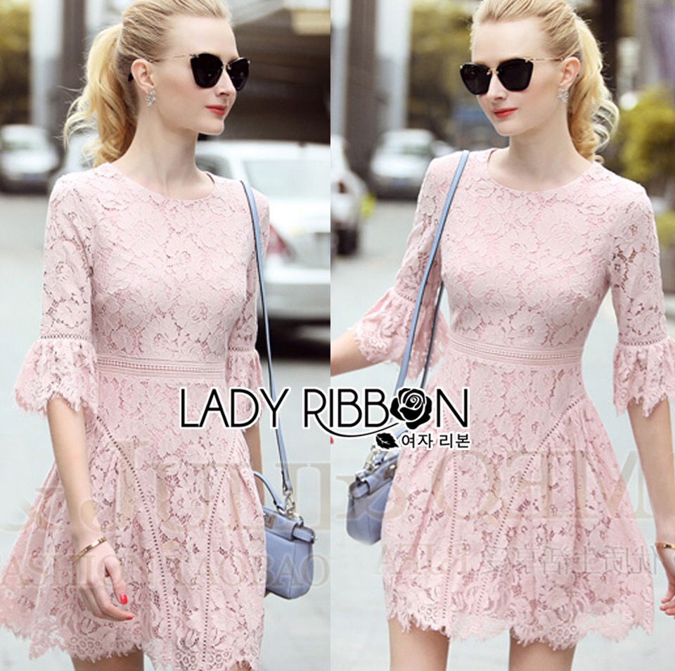ladyribbon Lady Ribbon เสื้อผ้าพร้อมส่ง เสื้อผ้า Lady Ribbon พร้อมส่ง เลดี้ริบบอน Lady Ribbon's Made 🎀 ady Lindsay Feminine Chic Baby Pink Lace Dress เดรสผ้าลูกไม้สีชมพูสุดหวาน