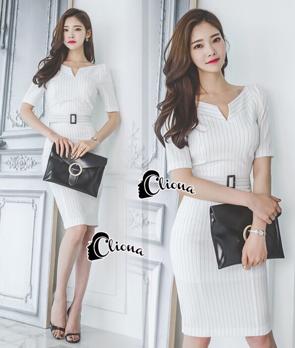 Lady Ribbon Online CN03090616 พร้อมส่ง Cliona Made' Simplicity White + Fine Black Line Daily Dress