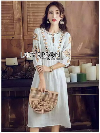 Bohemian Embroidered Lady Ribbon Cotton Dress