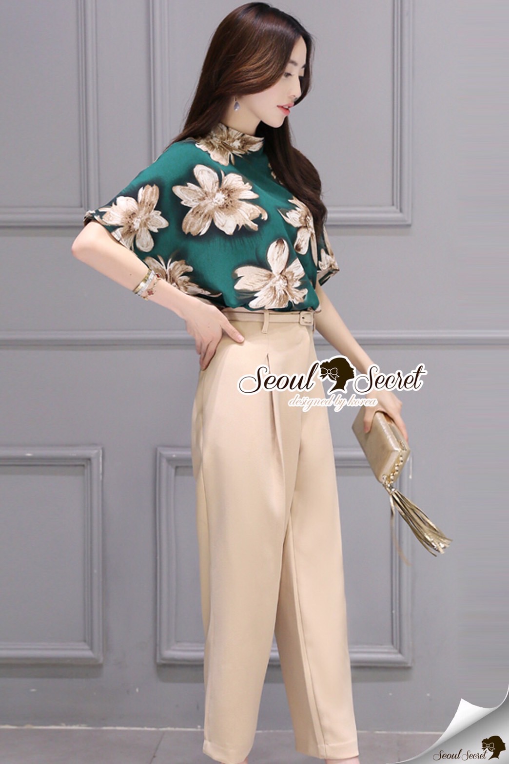 Lady Ribbon Online เสื้อผ้าออนไลน์ ขายส่ง SS17200616 Seoul Secret Say's .... Emerald Blouse Flara Cremy Pants Set