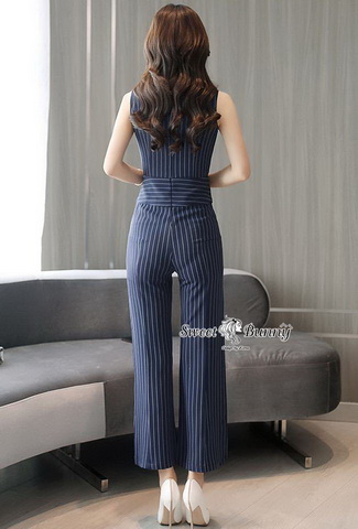 ชุดจั๊มสูทเกาหลีผ้าทอเนื้อดีผ้านุ่มสีกรมลายริ้ว