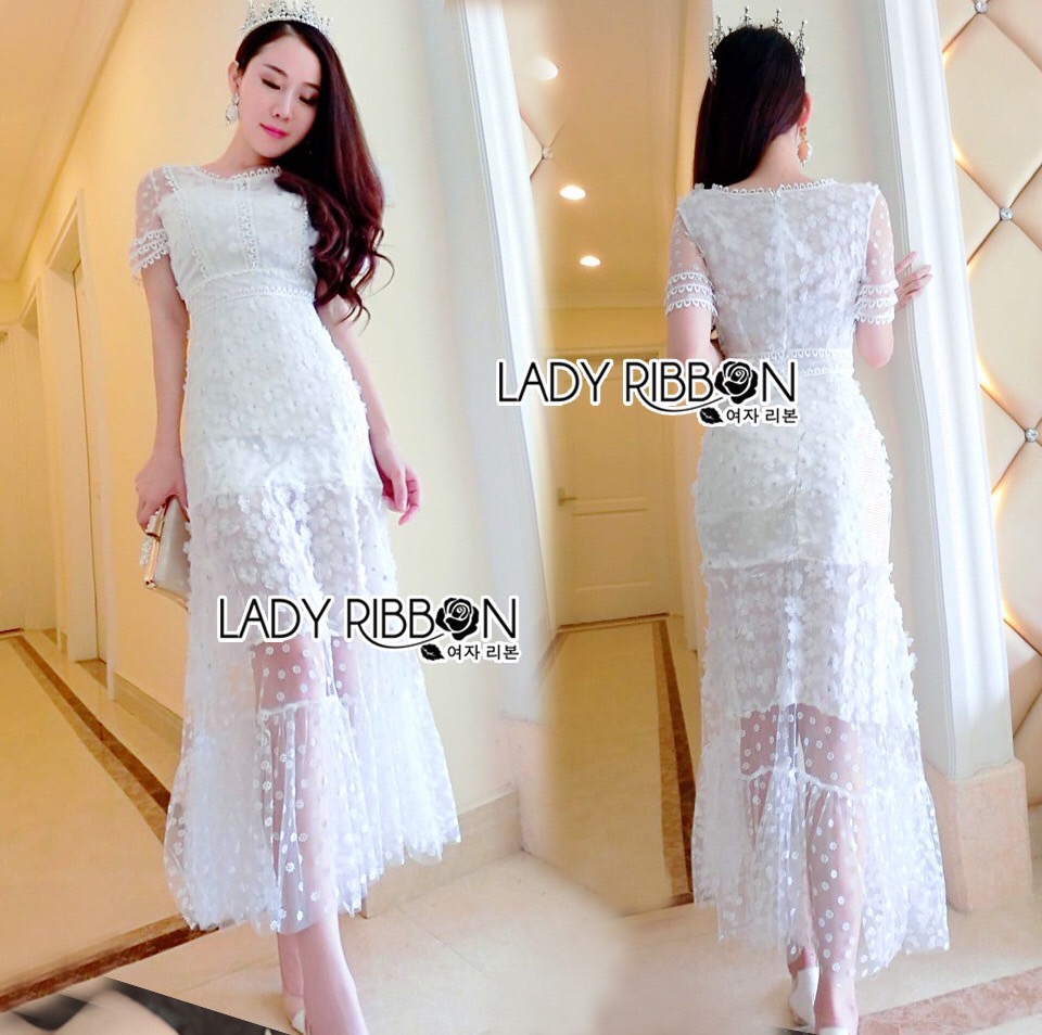 Lady Ribbon Online เสื้อผ้า ออนไลน์ ขายส่ง LR09230616 🎀 Lady Ribbon's Made 🎀 Lady Penelope Pure Little Daisy Embroidered Maxi Dress เ
