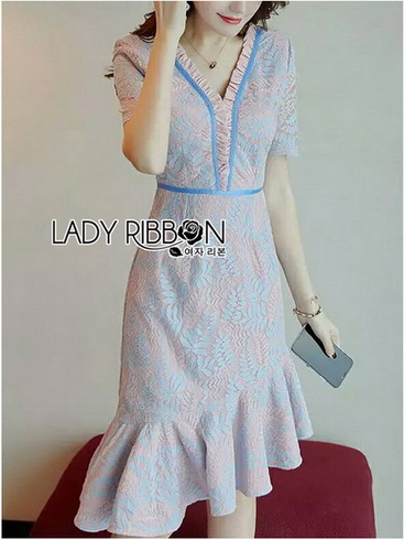 ชุดเดรสผ้าลูกไม้สีชมพูฟ้าพาสเทล