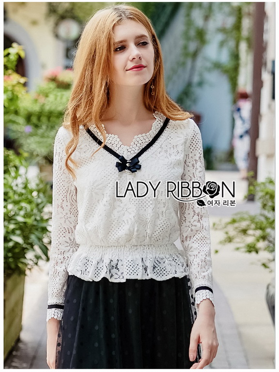 White Lace Blouse Lady Ribbon ขายผ้าลูกไม้ขาว
