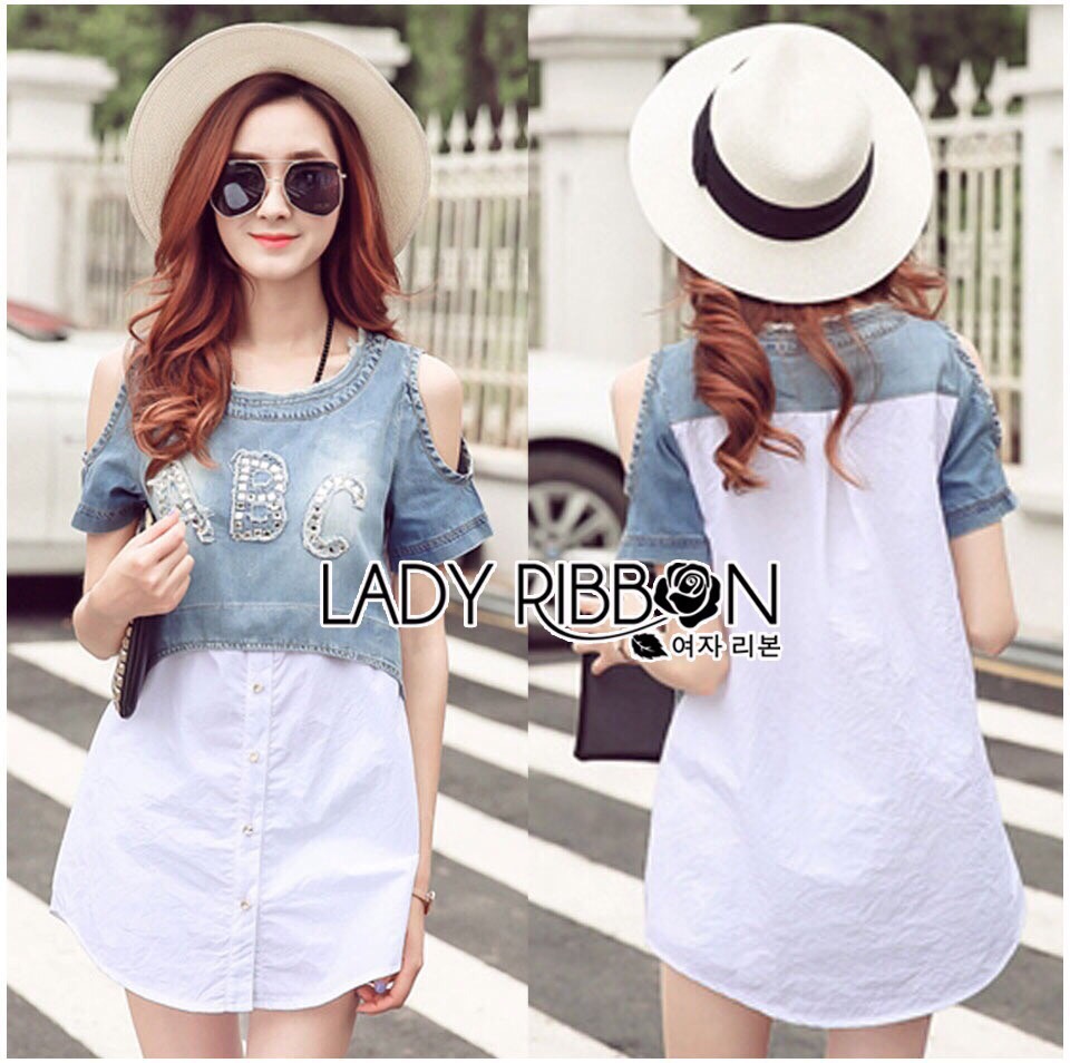 Lady Ribbon LB01160516 🎀Lady Ribbon's Made🎀 Lady Miranda Casual Cut-Out Denim and Button-Down Cotton Dress