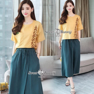 เสื้อกางเกงเกาหลีเสื้อผ้าทอสีเหลือง