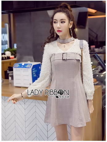 Mini Dress มินิเดรสผ้าลายสก็อตและผ้าชีฟองสีขาว