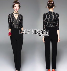 Lady Ribbon Black Lace Jumpsuit จัมป์สูทขายาว
