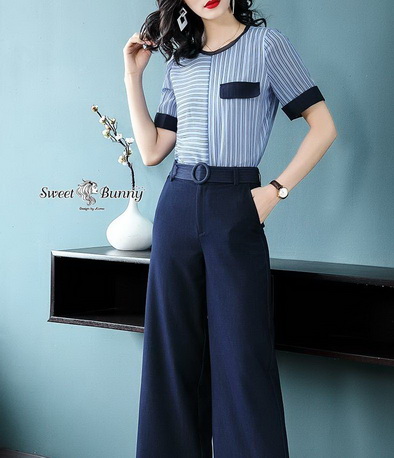 เสื้อผ้าชีฟองลายริ้วสีฟ้าสลับน้ำเงิน