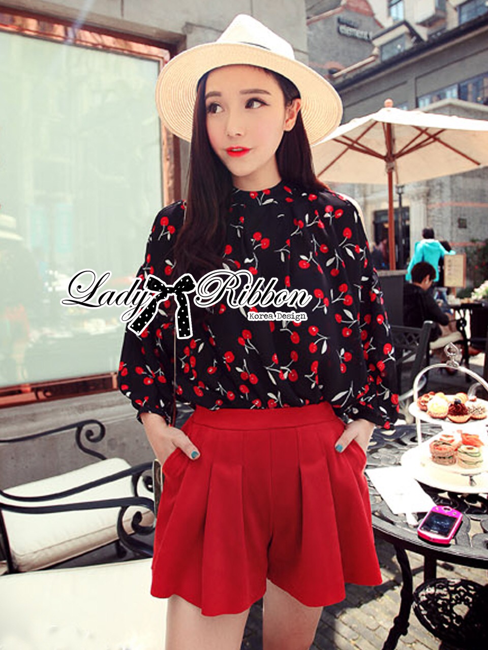 🎀 Lady Ribbon's Made 🎀 Lady Elena Mini Cherries Cut-Out ChiffonTop and High-Waist Shorts Set เซ็ตเสื้อชีฟองพิมพ์ลาย