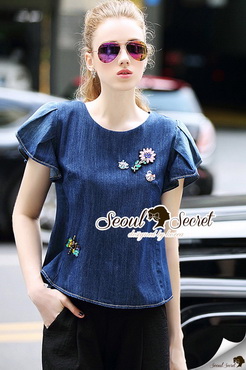 Lady Ribbon Online เสื้อผ้า ออนไลน์ ของแท้ SS04230616 Seoul Secret Say's .... Blenchly Denim Blouse Flora Diamond Stick