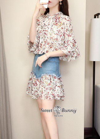 เซ็ทเสื้อกระโปรงเกาหลีผ้าชีฟองลายดอก