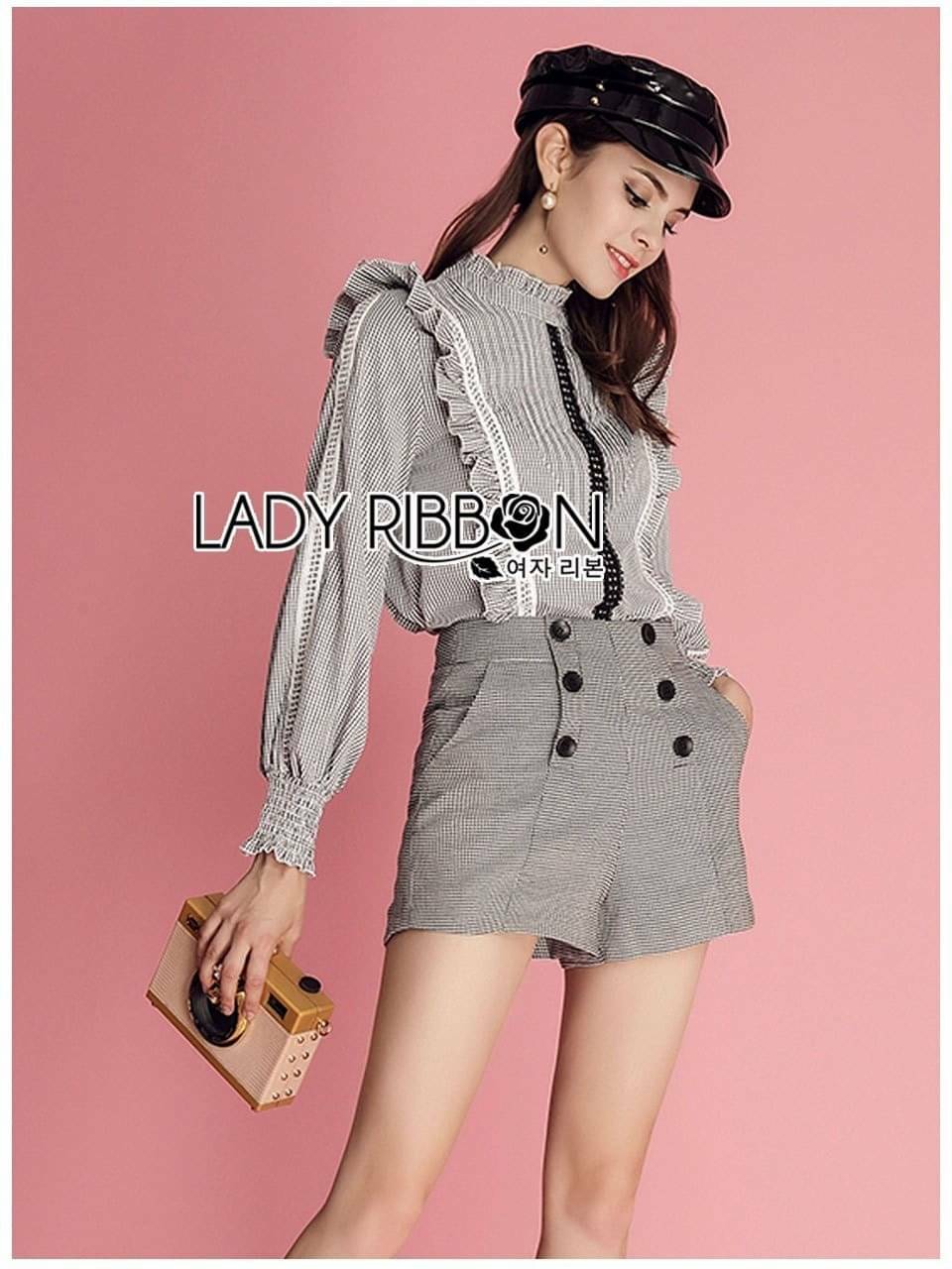 เซ็ตเสื้อแขนยาวผ้าลายสก็อตตกแต่งระบาย