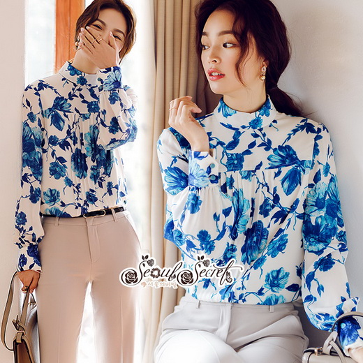 เสื้อเชิ้ทสไตล์ Vintage ลุคสาวเกาหลีคอเสื้อเป็นทรงคอตั้ง