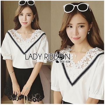 Lady Ribbon Online ขายส่ง เสื้อผ้าออนไลน์ ของแท้ ราคาถูกพร้อมส่ง เลดี้ริบบอน LR16140716 🎀 Lady Ribbon's Made 🎀 Lady Analeigh Sweet Chic Monochrome Lace and Cotton Blouse