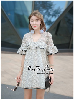 VP02310816 Luxury Floral Embroidery MINI Dress มินิเดรสสไตล์เกาหลี น่ารักมากค่ะ