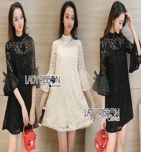 Lady Ribbon Catalina Ruffle-Sleeve High-Neck Lace Dress