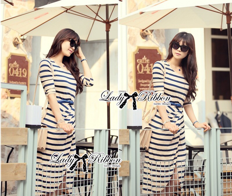 เสื้อผ้า Lady Ribbon dressMade 🎀 Jersey Stripe Slip Dress เดรสผ้ายืดลายขวาง เก๋ๆด้วยดีเทลกระโปรงไข้วทรงหน้าสั้นหลังยาว แอบเปรี้ยวเบาๆ Smart&Casual ลุคชิคๆแบบสาวเกาหลีค่ะ **งาน Premium Quality " ป้าย" Lady Ribbon