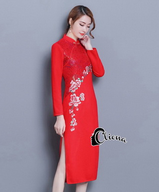 ชุดเดรสคอจีนสีแดง
