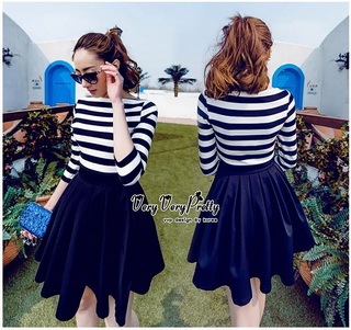 Lady Ribbon Online ขายส่งเสื้อผ้าออนไลน์ Very very pretty VP03030816 Sweetie Stripe Black&White MiNi Dress Fashion Korea มินิเดรสล