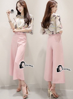 Lady Ribbon Online ขายส่งเสื้อผ้าออนไลน์ Cliona เสื้อผ้า CN08090816 Cliona Made' Trendy Golden Leaves Top + Pincky Pant - เซ็ตเสื้อแขนสั้งพิมพ์ลายกราฟฟิก