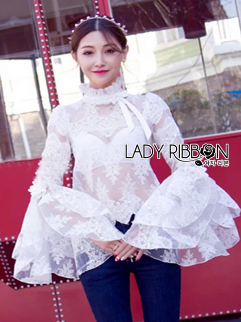 Lady Ribbon Lace Blouse เสื้อผ้าลูกไม้แขนบาน
