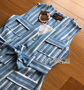 Lady Striped Sleeveless Dress with Ribbon เดรสผ้าเครป