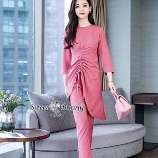 ผ้าพื้นงานเกาหลีทั้งชุดผ้ายืดสีชมพูสวยหวาน