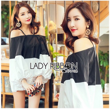 Lady Ribbon Online ขายส่งเสื้อผ้าออนไลน์ของแท้ LR03390616 🎀 Lady Ribbon's Made 🎀 Lady Stella Minimal Monochrome Off-Shoulder Cotton Long Top