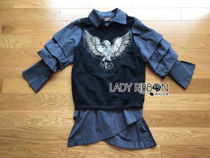 เซ็ตเสื้อแขนกุดสีดำปักหมุดลายนกทับเสื้อเชิ้ต