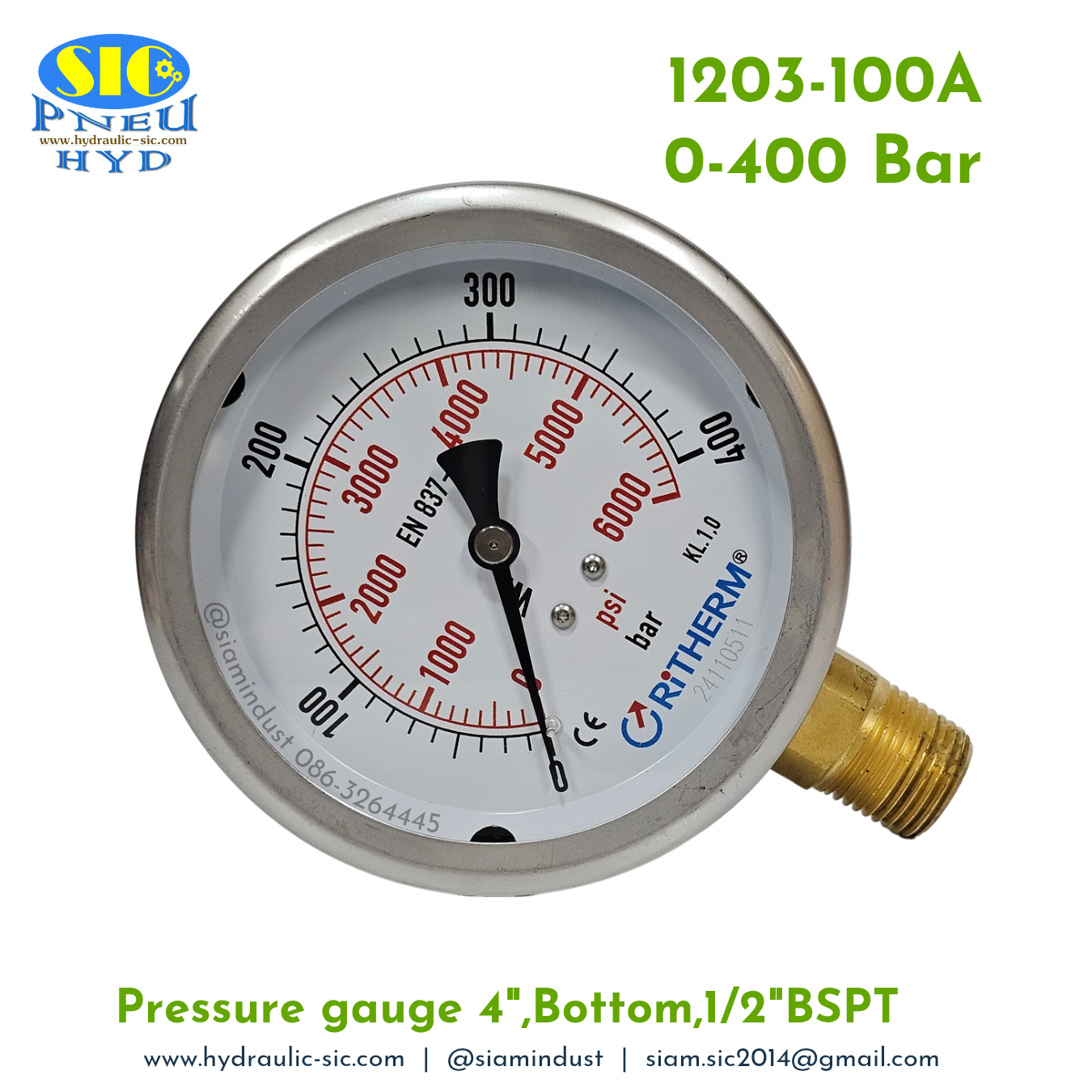 1203-100A Pressure Gauge เกจวัดแรงดันหน้าปัด 4" เกลียว 1/2" BSPT ออกข้าง RiTHERM