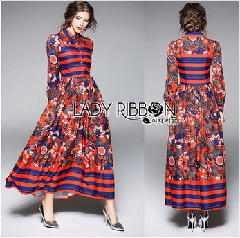 เชิ้ตเดรสพิมพ์ลายดอกไม้สลับลายทาง