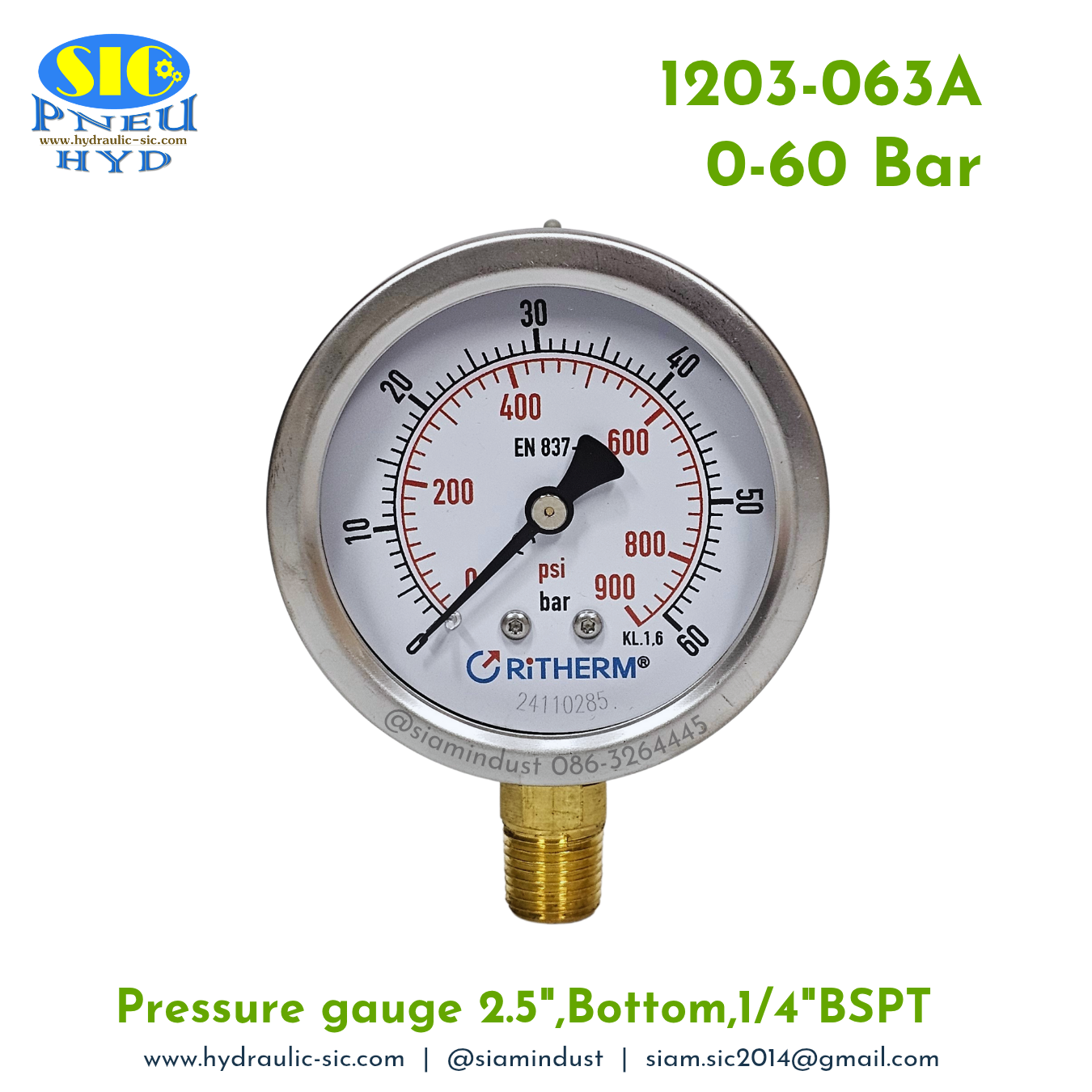 1203-063A Pressure Gauge เกจวัดแรงดันหน้าปัด 2.5" เกลียว 1/4"BSPT ออกข้าง RiTHERM