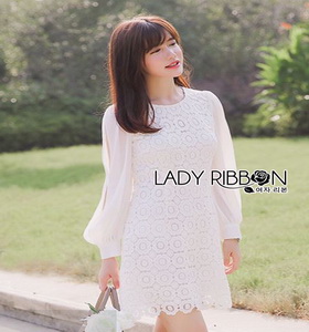 White Lady ribbon Lace and Chiffon Dress เดรสผ้าลูกไม้