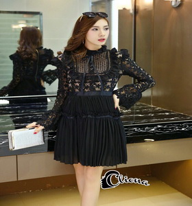 เสื้อผ้าแฟชั่นเกาหลีCliona Winter Black Lace Dress เดรสแขนยาวโทนขาวดำ