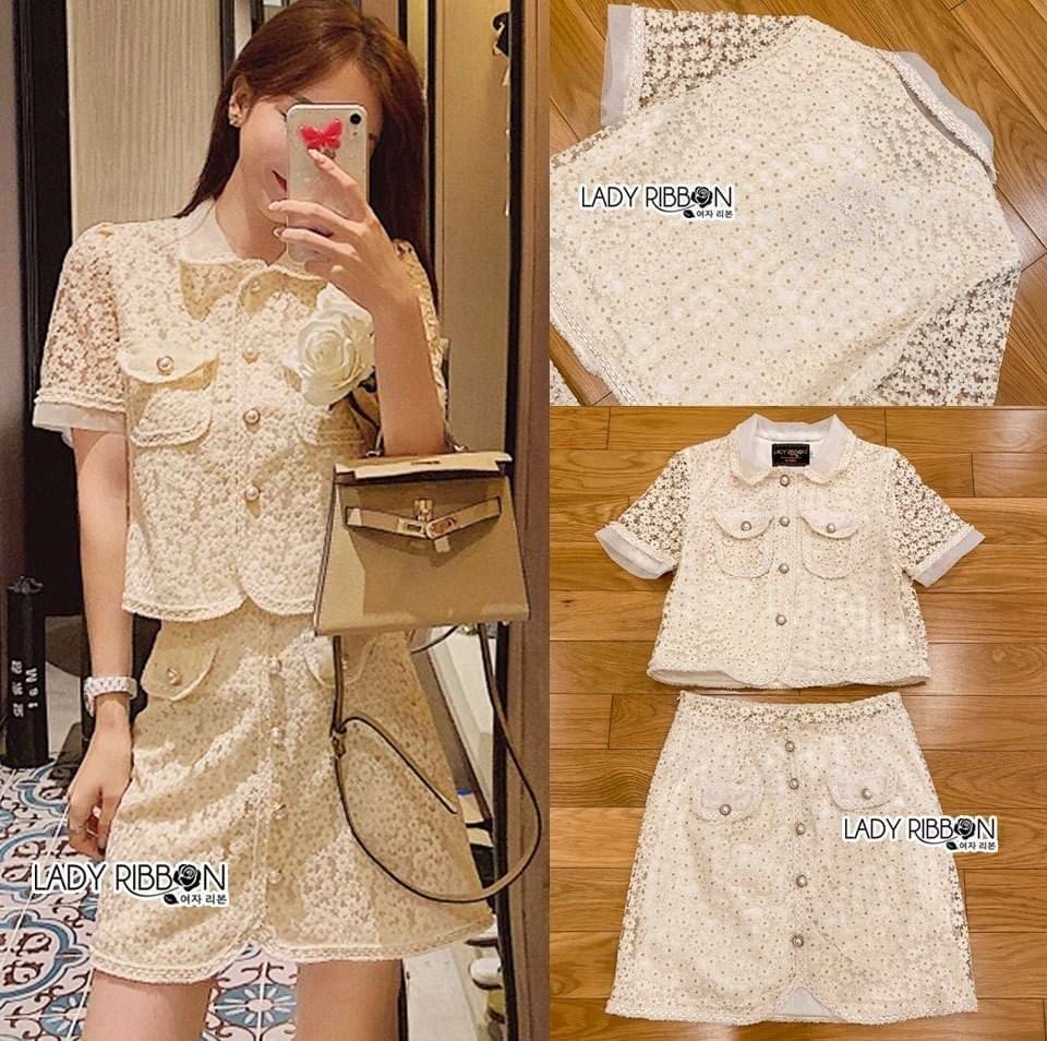เซ็ทเสื้อและกระโปรงผ้าลูกไม้สีครีม