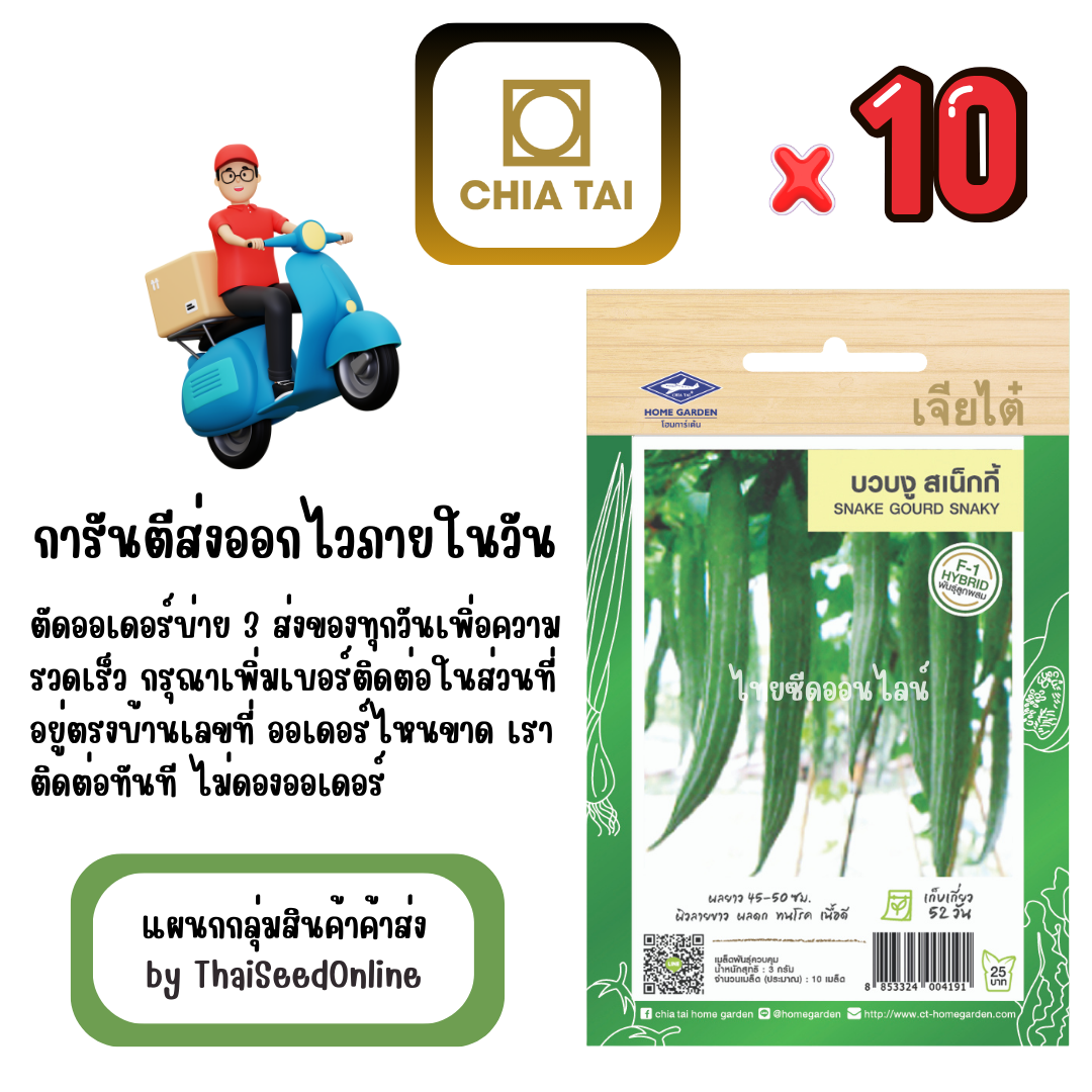 CTF1 x 10 เมล็ดผักซองเจียไต๋ บวบงู สเน็กกี้ สินค้ายกแพ็ค