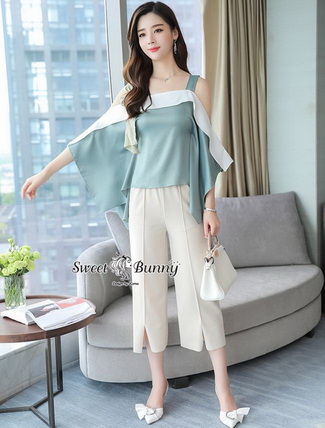เซ็ทเสื้อ+กางเกงเกาหลีเสื้อผ้าไหมซาติน