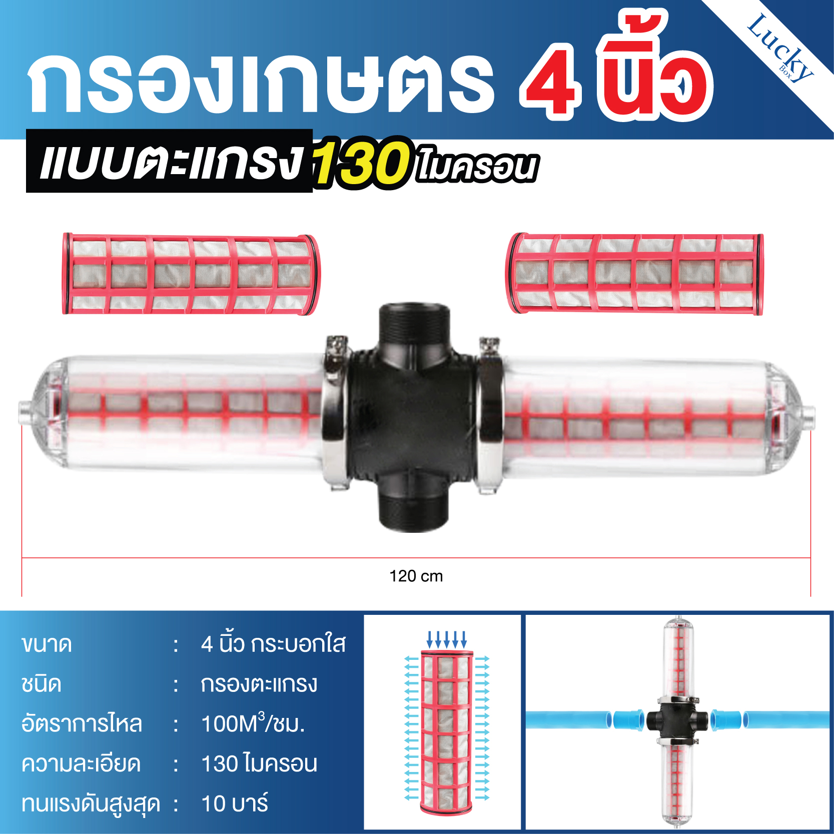 กรองน้ำเกษตรชนิดตะแกรง ขนาด 4 นิ้ว กระบอกใส แรงดันสูงสุด 10 บาร์ แบบยาว GREENSAVE-3
