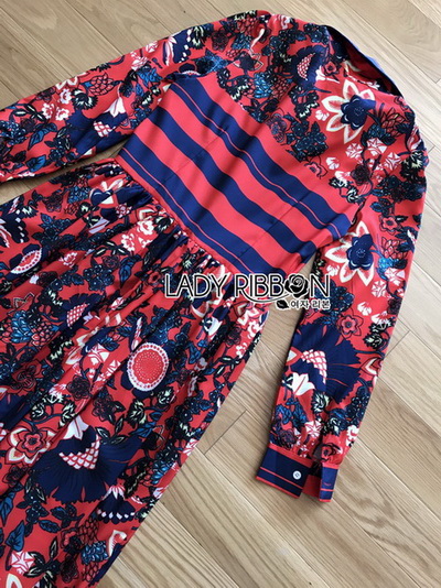 เชิ้ตเดรสพิมพ์ลายดอกไม้สลับลายทาง