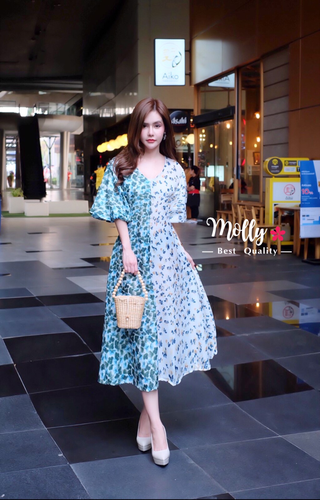 dress ทูโทนลายหว่นๆ แขนพองคิ้ว